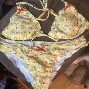 Size Large bright yellow and white gingham pattern with lemons bikini  NEW